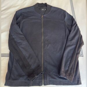 Vince Men's Navy Blue Zip-Up Sweater with Black Contrast (Size Large)